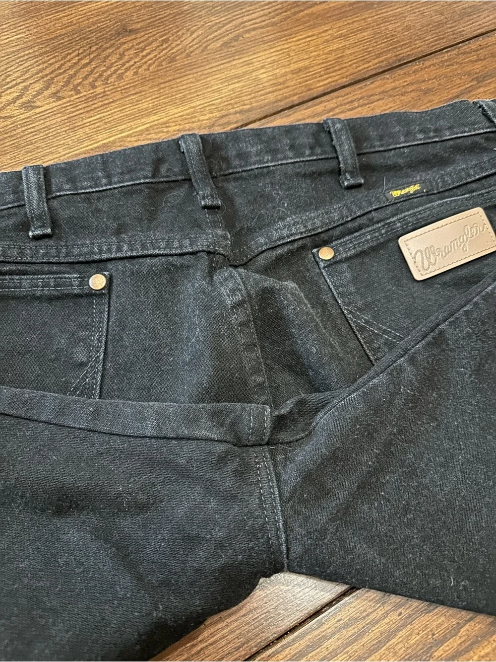 Wrangler Black Denim Back Pocket with Tan Patch - excellent used condition - Picture 4 of 7